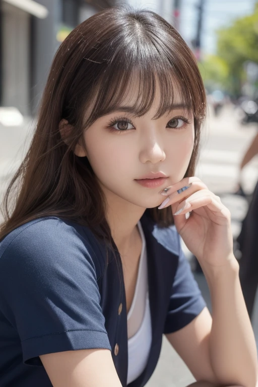 Best quality, 8k, ,Masterpiece :1.3)), facing viewer,((full body1.2)) ,pretty woman, wide shot ,1girl, , selfie , , Bus Stop,, brown hair , bangs,ultra-detailed face, highly detailed lips, detailed eyes, double eyelid