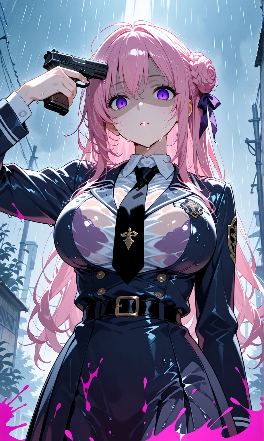 ,1girl, solo, dorothyalt, pink hair, long hair, braided bun, hair ribbon, hair ornament, purple eyes, very wet skin, wet, wet hair, messy hair, big breasts, dark school uniform,rain,rainy day, imminent_suicide,finger on trigger,hand gun,((gun to head)),holding gun with both hand,paint splatter,dramatic lighting,looking at viewer,shaded face,empty eyes, heavy rain,muted color,back lighting,looking down,masterpiece, best quality