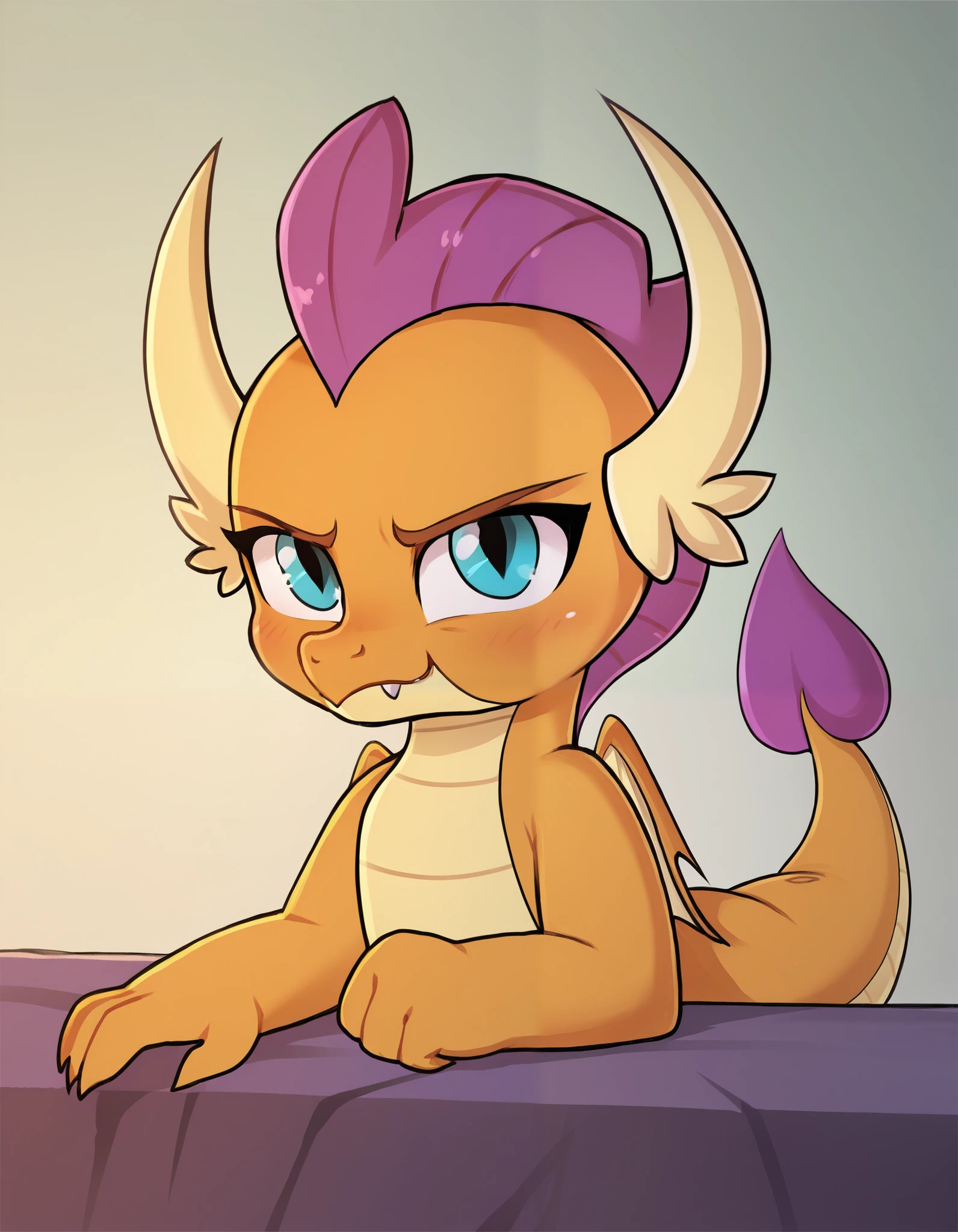 dagasi, score_9,score_8,source_furry, 1girl, orange body,orange skin,purple hair,dragon,dragon tail, smolder_mlp