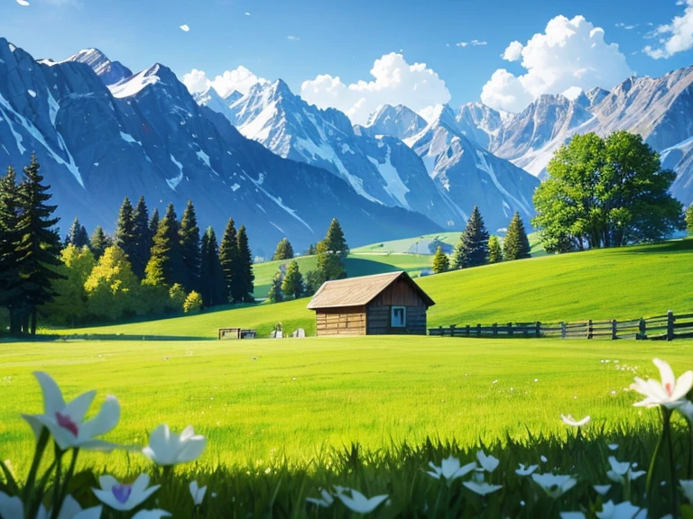 Peaceful　grassland　The Alps　Pastoral idyll　Small hut