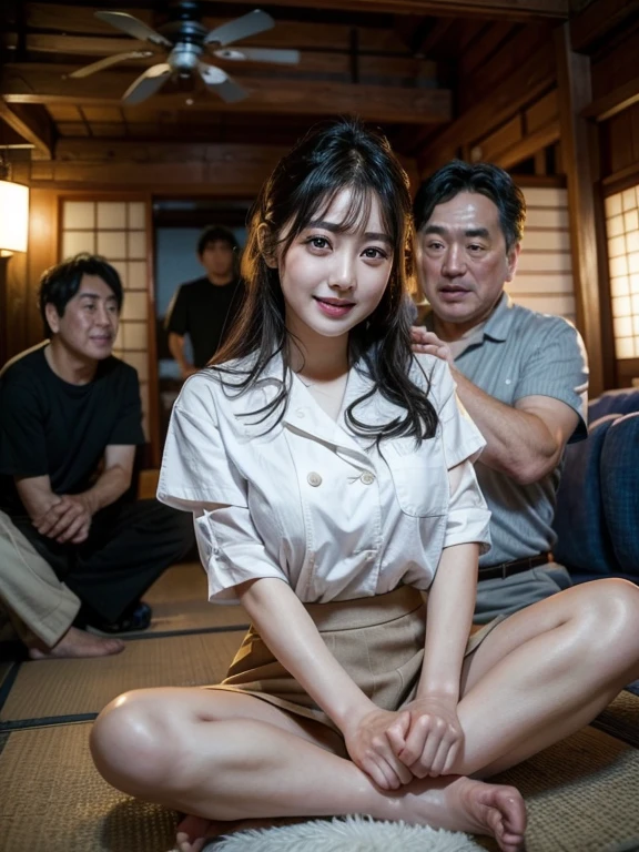  ****ung Japanese woman、( solo focus 、 one woman is sandwiched between several middle-aged men)、 cute、Smile、 black hair、Hair clip、 big breasted 、 white cutter shirt 、 gray flare skirt 、（Surrounded by several Japanese middle-aged men )、Sitting cross-legged、The living room of an old share house、indoor、whole body、 anatomically correct、 masterpiece、 High Quality、 Very detailed、4K