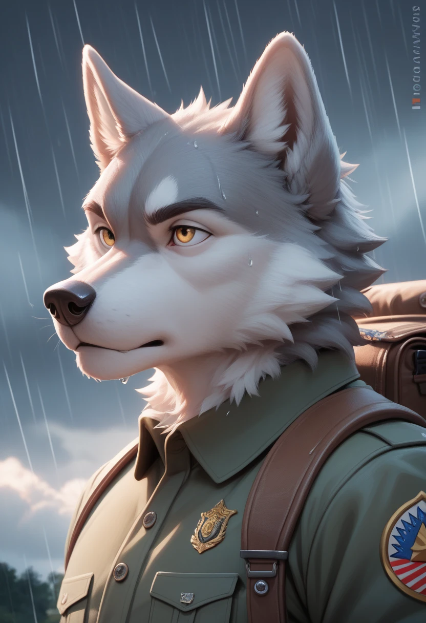 masterpiece, extremely detailed, high res, detailed, best quality, best aesthetics, absurd res, perfect anatomy, perfect proportions, high resolution, good color, bright skin, good shading, countershading, well detailed background, male, wolf furry, male Gray wolf, handsome, male focus, veins muscular, half body, shaded, attractive, Muscular, look from beside, fluffy, military outfits, at the hill, outside military camp, looking up seeing dark sky, storm cloud, raining, wet body, close-up, confused face, two-tone fur, military backpack.