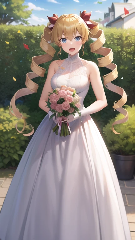 masterpiece, best quality, highres, aaharvey, long hair, twintails, twin drills, hair ribbon, wedding dress, standing, garden, confetti, holding bouquet, smile, open mouth,