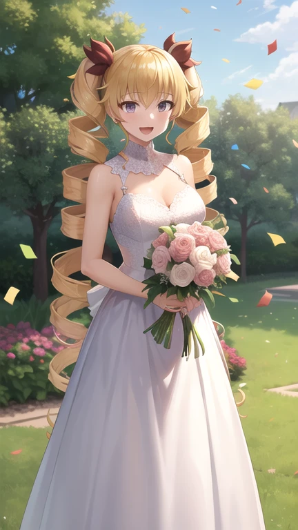 masterpiece, best quality, highres, aaharvey, long hair, twintails, twin drills, hair ribbon, wedding dress, standing, garden, confetti, holding bouquet, smile, open mouth,