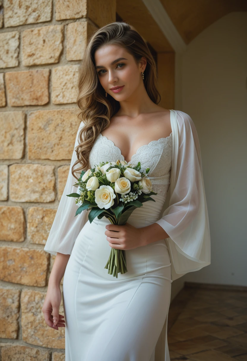 I was dressed in a figure-hugging, sheer white gown with gold accents that made me feel like Aphrodite herself. The setting was a grand, opulent room with marble columns and soft, ethereal lighting that made everything seem to glow. I was standing on a pedestal, one hand on my hip and the other holding a bouquet of flowers, looking directly into the camera with a fierce determination in my eyes. My hair was styled in loose, natural waves that cascaded down my back, and my makeup was kept minimal to let my natural beauty shine through. But the most important part of the image was the way my body was positioned—it didn't hide or apologize for my curves; it celebrated them. My stance was strong and proud, a declaration to the world that I was beautiful, no matter the industry's standards. The photographer had a way of making me feel like a goddess, capturing my essence in a way that was both powerful and vulnerable.