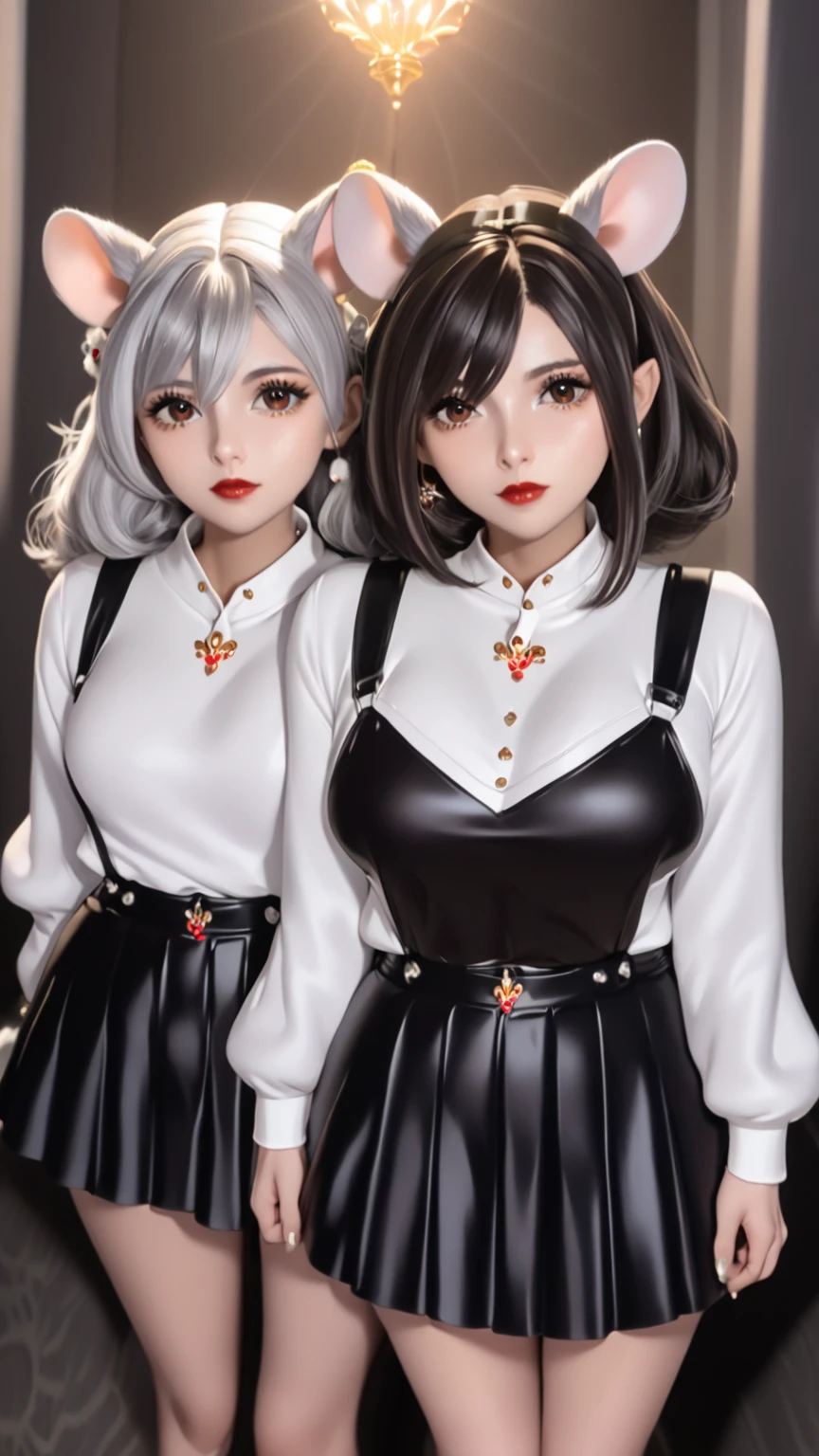 twin, Mouse Girl, short, fluffy gray hair,  Large round mouse ears ,  White sweater , Holding Hands, (( dark brown eyes )), Royal sister,  beautiful ,  shiny lips ,  careful eyes  