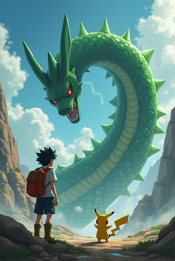Make a picture of a boy standing with a cap covering his face while standing on a mountain., while behind him there is a dragon similar to Rayquaza from Pokémon but in his mega. There is a lot of fog. Semi realistic image. 
