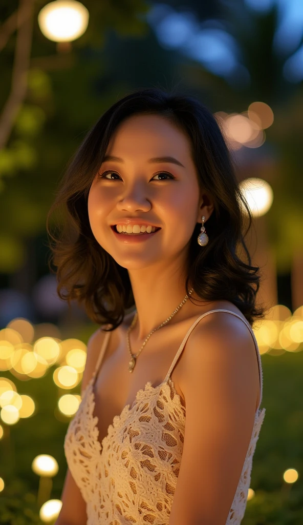 (8K, Highest quality, masterpiece: 1.2), (Realistic, photo Realistic: 1.37), Super detailed, one beautiful girl, Wide viewing angles, Firefly Garden, lots of little faint lights and fireflies flying around, night, detailed face, detailed eyes, detailed lips, detailed nose, best quality, 4k, 8k, high resolution, masterpiece:1.2, ultra-detailed, render,