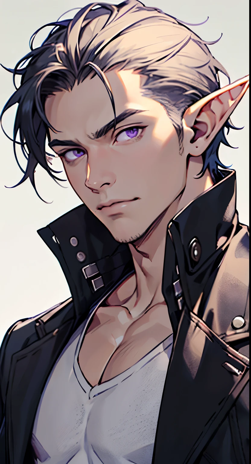 (absurdres, highres, ultra detailed), 1 male, (28 years old male) (short pointed ears1.1) adult, handsome, tall slender guy, narrow eyes, narrow shoulders, finely detailed eyes and detailed face, messy shaggy black hair, shaggy hair, side bangs, bangs, green eyes, sexy, shirtless, bare chest, final fantasy 14, slave collar, full body shot, defiant pose expression, cinematic, desert bokeh, background blur
