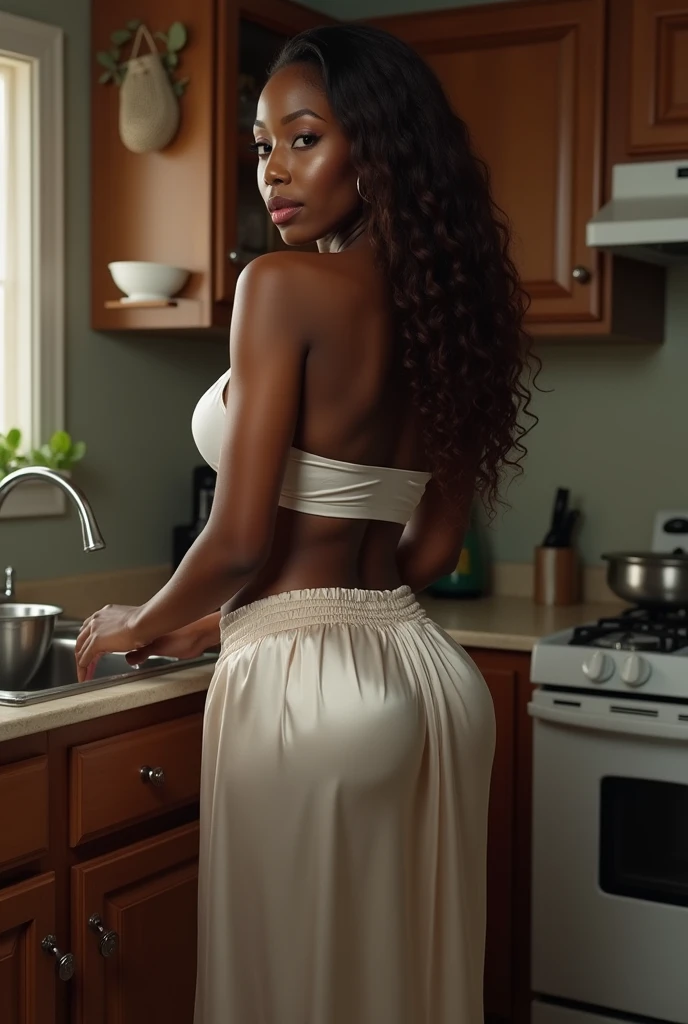 Professional photography, (Photo 4K:1.1), (sharp-focus:1.3), Eighteen year old black slender girl with small breasts, Apron, Cover with flour, lying naked on a table in a bakery, a table, Cover with flour, spreads her legs and shows her pussy, touches her pussy, perfect anatomy, Perfect symmetry, a perfect face, The lighting is cinematic, Lighting Scene, soft light