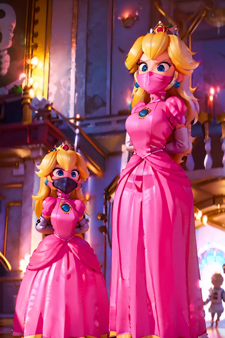 score_9, score_8_up, score_7_up, solo, 1girl, Princess Peach \(Mario Bros\), (huge breasts ), (Perfect thin body), (wearing a pink dress), ((inside a a castle)), (master part, High definition, (8k), ( perfect face), (ultra details) (perfect hands, eye, the face),  (shibari, arms behind back:1.4), full body, complete body, standing, standing, mask, mask neck corset, mask corset, belt bondage, black mask, tight mask, over the nose gag, black tape, (armbinder:1.4), 