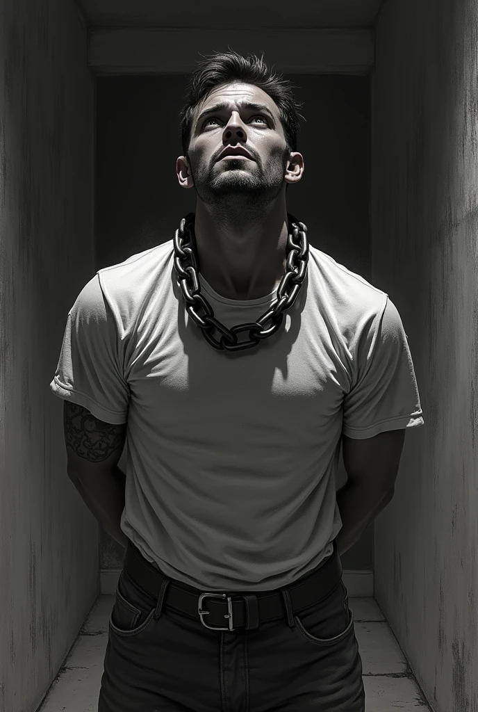 Messi without clothes tied with a dog collar locked in a cage