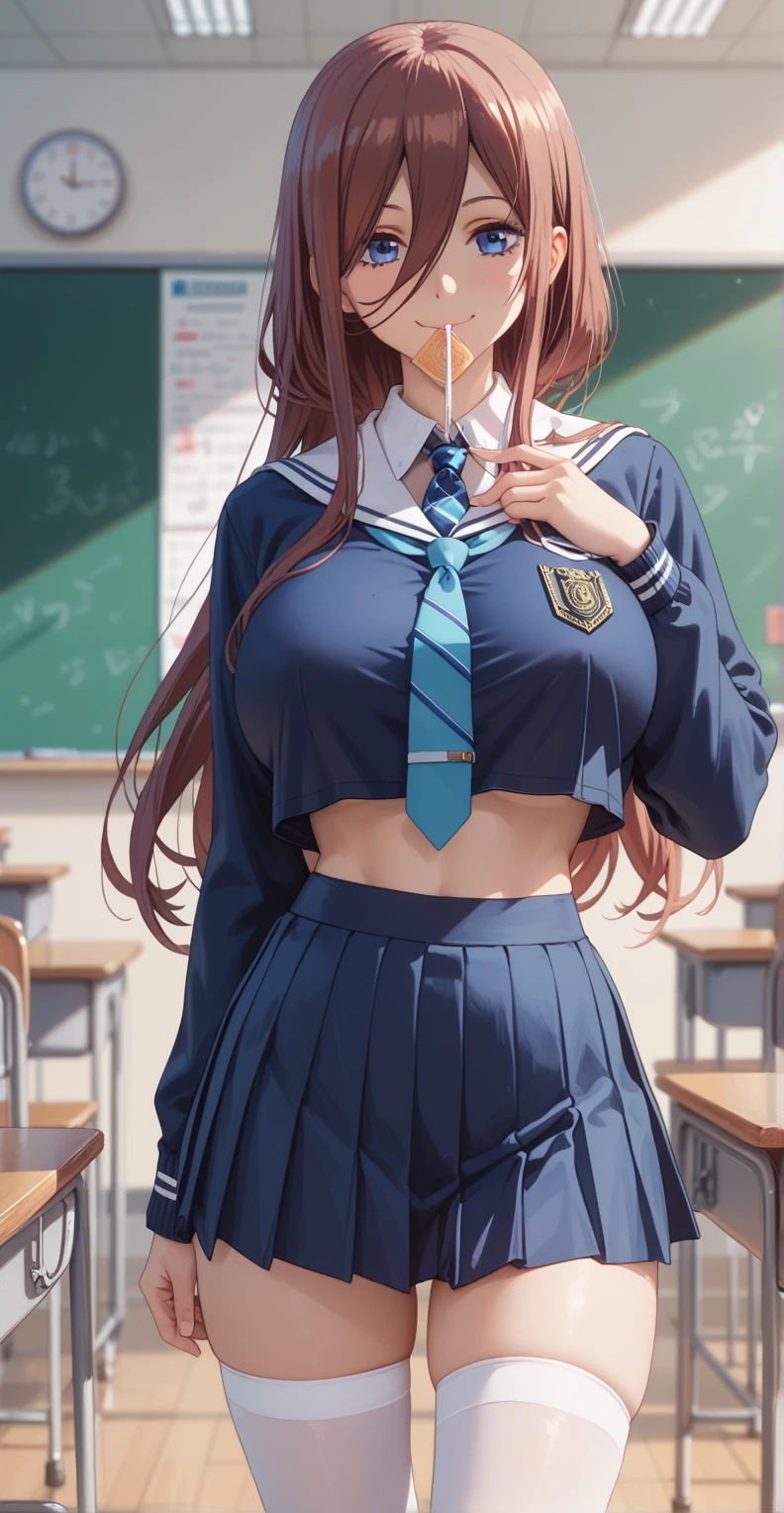 Tall girl, Fit girl,score_9, score_8_up, score_7_up, score_6_up, uncensored, 1girl, miku nakano, long hair, bangs, blue eyes, brown hair, shirt, hair between eyes, huge breasts, sailor outfit, school_uniform, Tie, white stockings, smile, close mouth, , background in classroom, standing, crop clothes