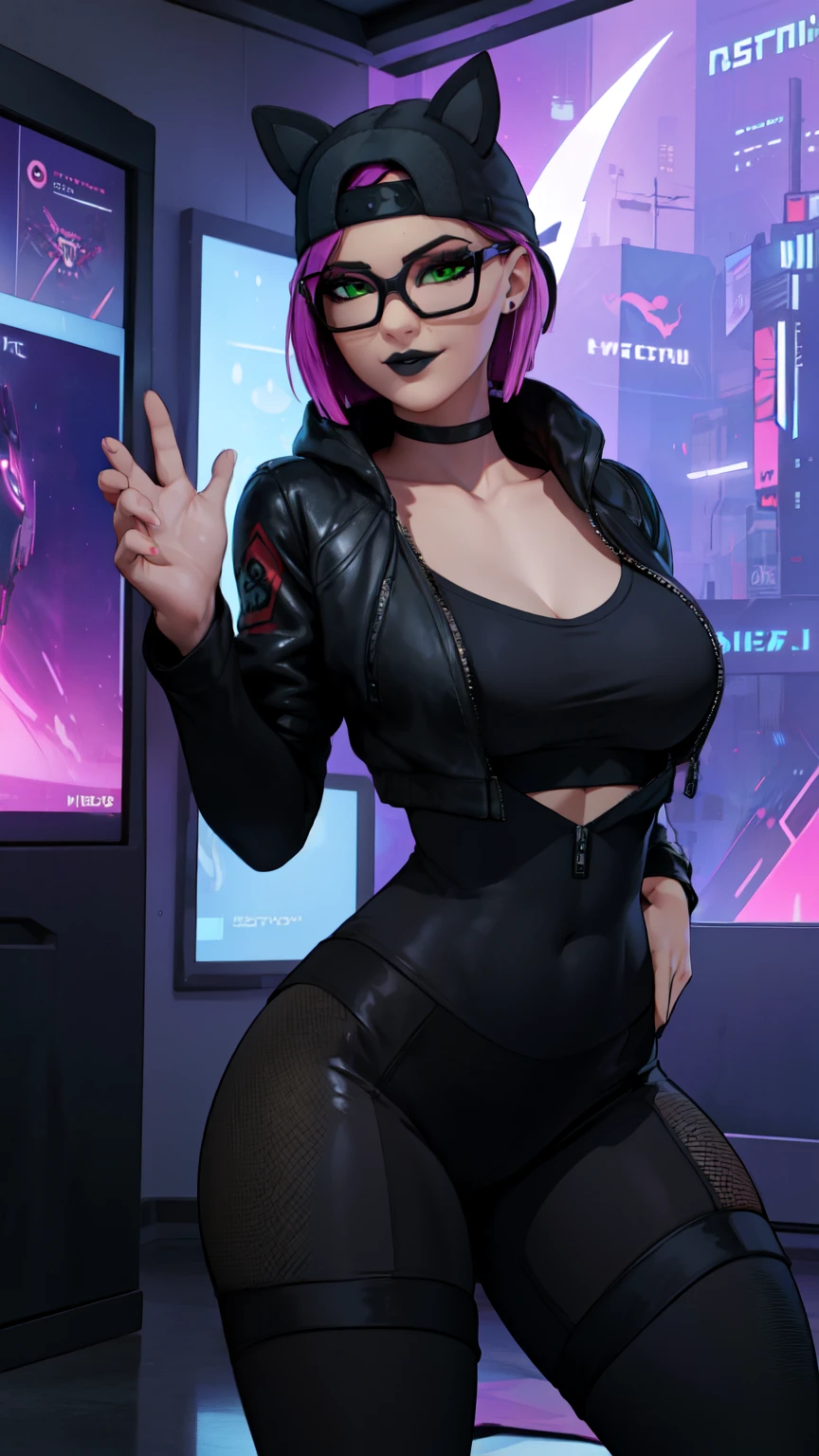 Gaming Zone Lynx chaqueta Negro, guantes sin dedos, Leggings negros, ojos finos, neon, dynamic pose