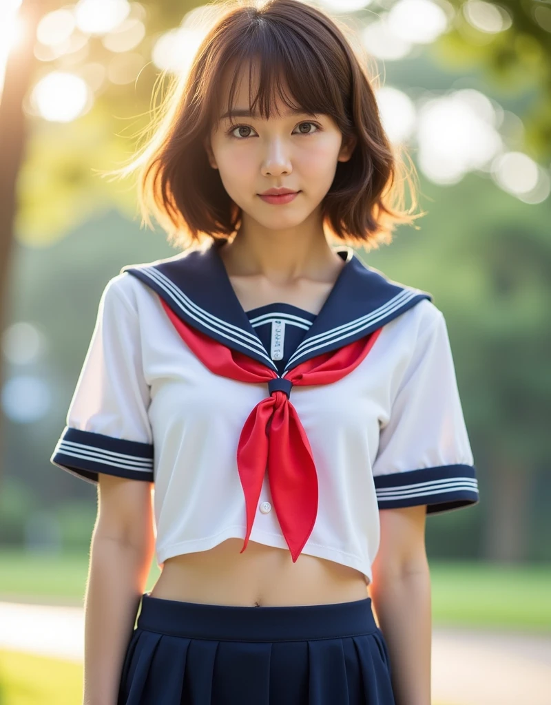  perfect composition on the board, Proper placement, Golden Ratio, masterpiece,   best quality, Front View:1.331,  staring closely at the viewer ,   She's a famous supermodel  ,   Japanese high school sailor suit  :1.21, Short sleeve clothing,   white short sleeve sailor suit :1.21, sera fuku:1.21,  red ribbon,  navy blue mini skirt ,  I can see her belly button ,  with sunlight ,  wavy hair:1.21,  short brown hair ,  Anatomically Correct Proportions, Small Head,  sun rays ,  global lighting ,  An Expression of Extraordinary Beauty  , 