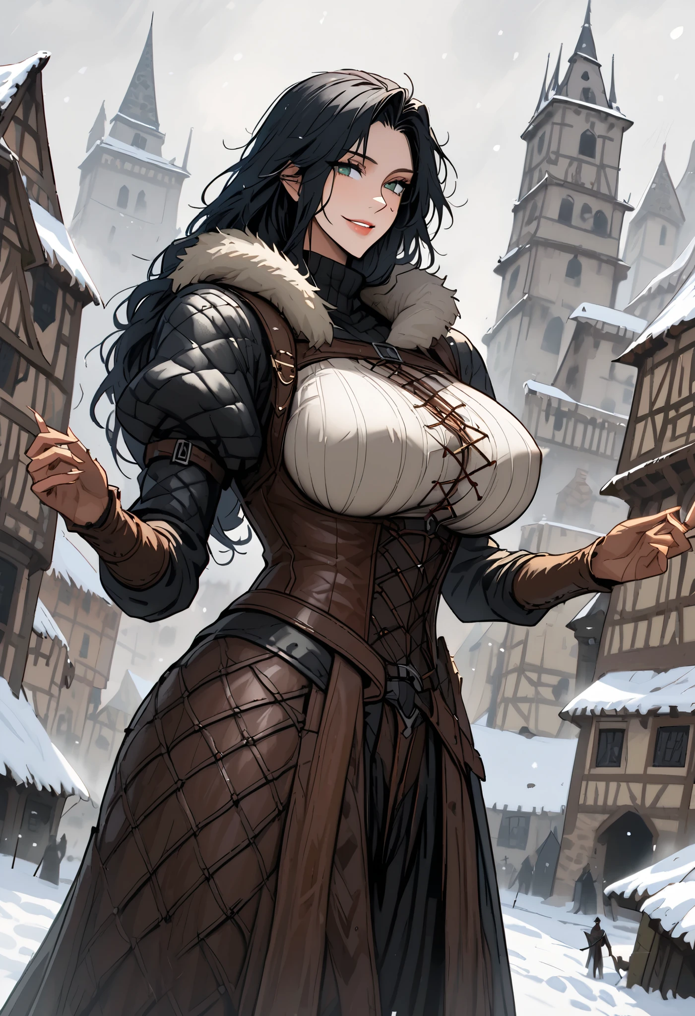 close up, medium shot:0.6, solo:0.3, woman, very tall, long arms, long legs, low-tied long black hair, green eyes, 2m tall giantess, broad shoulders, huge breasts, wide smile, fantasy, leather corset, medieval, countryside village, scar, muscular, slightly bulky body, taller female, black britches:1.3, pants:1.3, adventurer, messy hair, fur collar, cape:1.3, snow, looking at viewer, Juliette sleeves