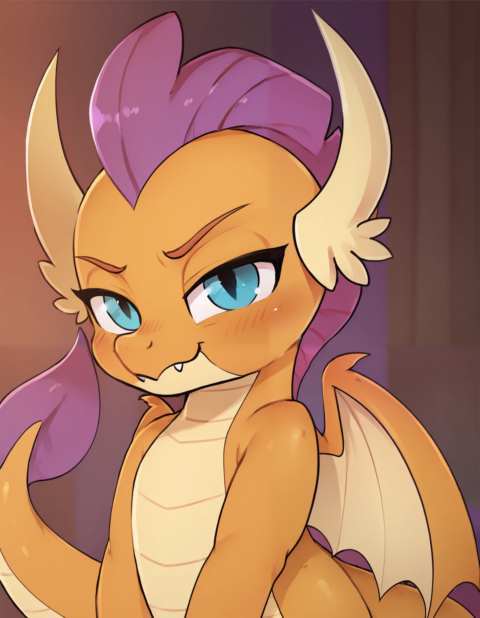 dagasi, score_9,score_8,source_furry, 1girl, orange body,orange skin,purple hair,dragon,dragon tail, smolder_mlp