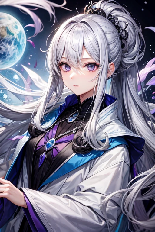 Hairstyle with the whole hair flowing back、[Strange Eyes、Silver hair back、male、Her hair is shoulder length、[Strange Eyes、maleの左目赤色、male右目青、Purple coat、Increase the wide angle、Clear Iron Solo 、