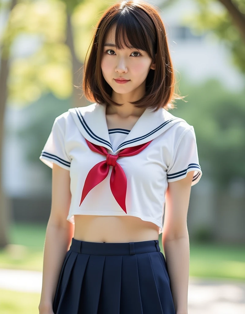  perfect composition on the board, Proper placement, Golden Ratio, masterpiece,   best quality, Front View:1.331,  staring closely at the viewer ,   She's a famous supermodel  ,   Japanese high school sailor suit  :1.21, Short sleeve clothing,   white short sleeve sailor suit :1.21, sera fuku:1.21,  red ribbon,  navy blue mini skirt ,  I can see her belly button ,  with sunlight ,  wavy hair:1.21,  short brown hair ,  Anatomically Correct Proportions, Small Head,  sun rays ,  global lighting ,  An Expression of Extraordinary Beauty  , 