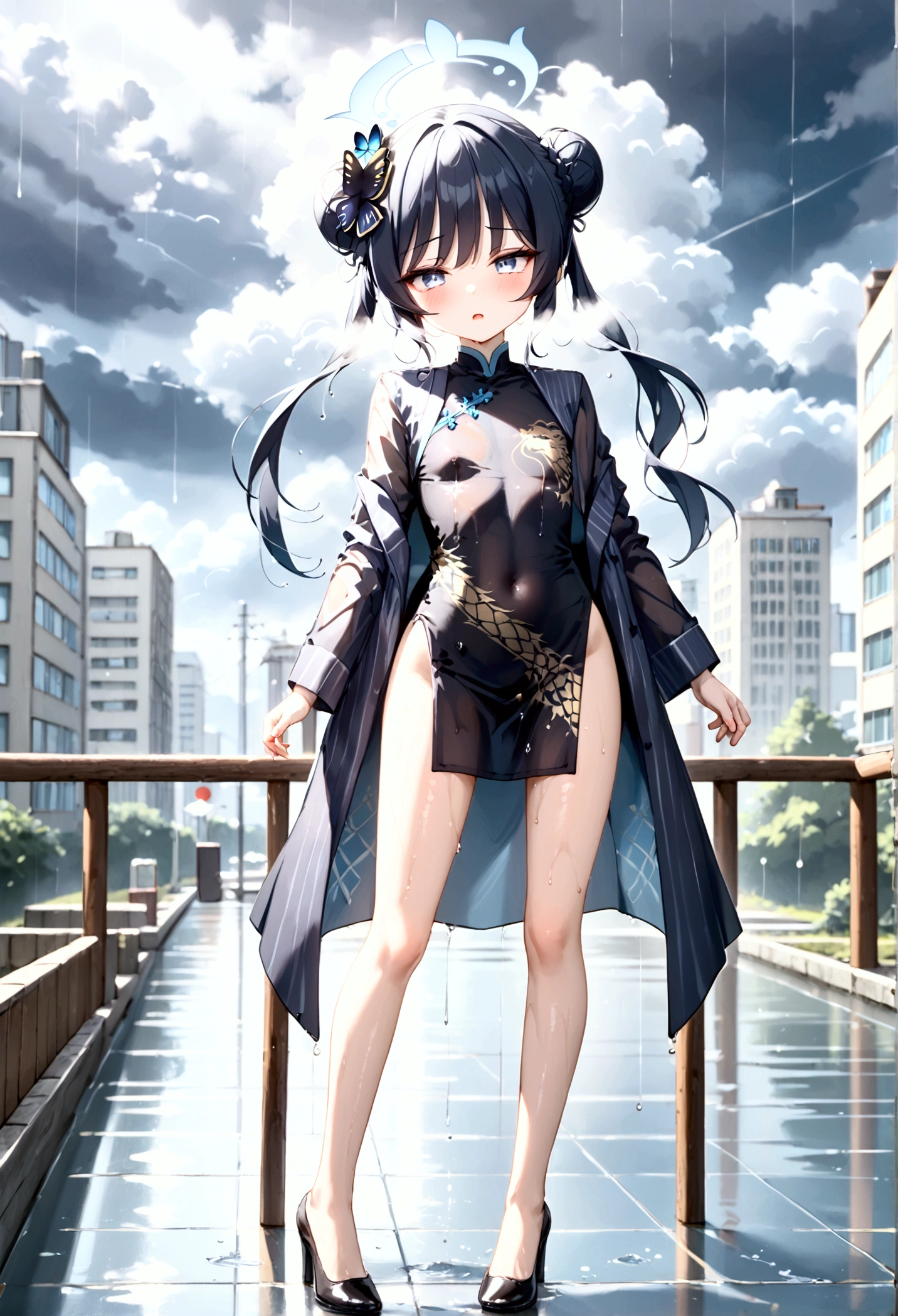 High image quality 、masterpiece、  High Quality   、Full HD、4K 、 depicting only one girl 、 looking at the camera、Side view、Kisaki(blue archive)、 long black hair  、Bun Hair、Blue hair ornament、  blue eyes、 slim、 flat chested、Grey Halo (Kisaki)、Screaming、 Shy 、blush、 red cheeks 、White Breath、 black China dress style uniform、Gold embroidery、Long, slender legs、 standing、Wet clothes、Skin Seen Through Clothes 、 no one、 Black High Heels 、modern city with rain、Surrounded by large buildings 、cloudy、Lots of rain 、Dark Skies