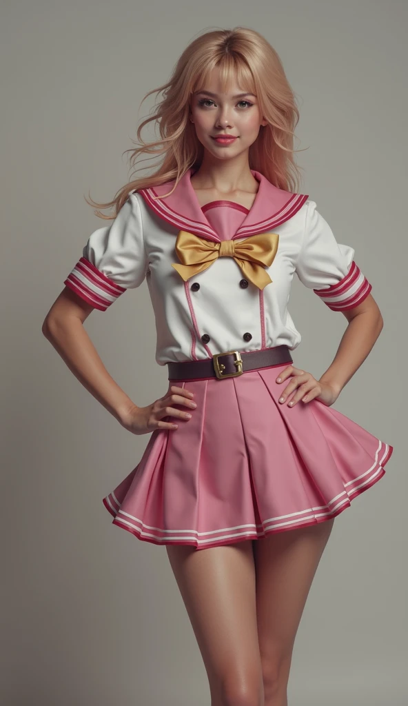 3d,Bangs,bell,Blonde hair,blush,bow,breast,Cosplay Photos,red uniform. Background street city building many people.