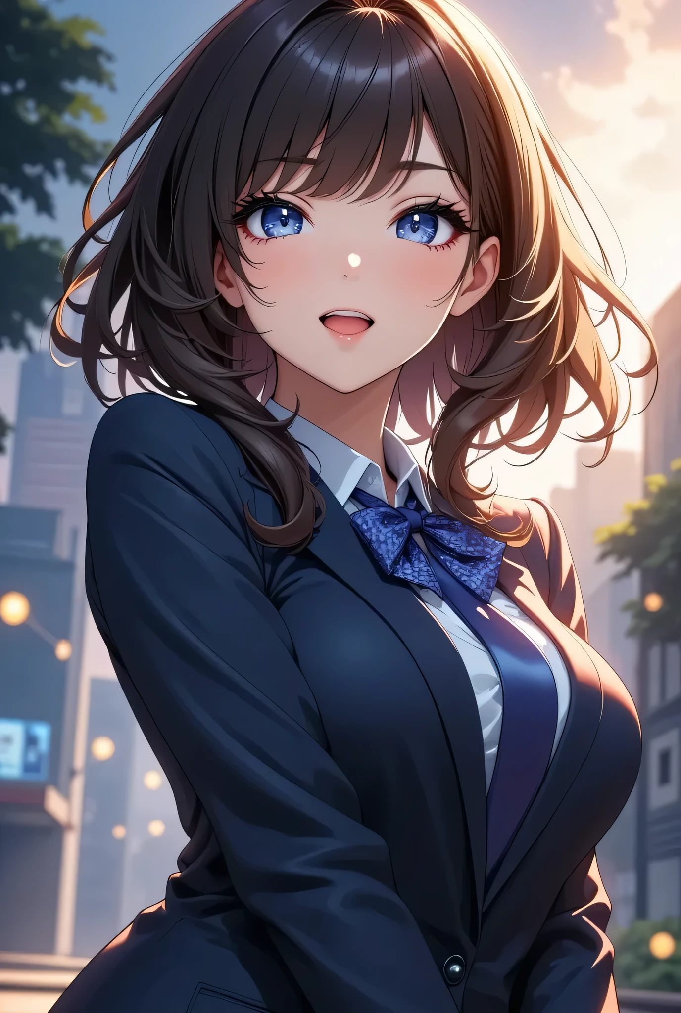 Anime girl with blue eyes and a bow tie posing for a picture - SeaArt AI