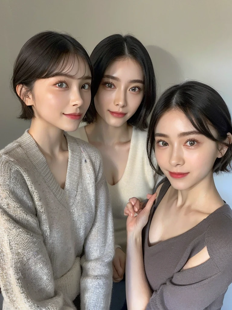 (masterpiece:1.3), (8k, Photoreal, Raw photo, best image quality: 1.4), Japanese high school girl、(random hairstyle:1.2)、cleavage:1.5、super detail face、eye for details、double eyelid、chest to chest、sharp focus:1.2、Beautiful woman:1.4、light brown hair、highest quality、masterpiece、超A high resolution、(Photoreal:1.4)、Highly detailed and professionally lit smiles、loose and light knitwear、shoulder out、thin、serious expression、short haired、deadly position
similar identical twins
All the girls have the exact same face, The two have the same face and figure, as if they were mirror images.