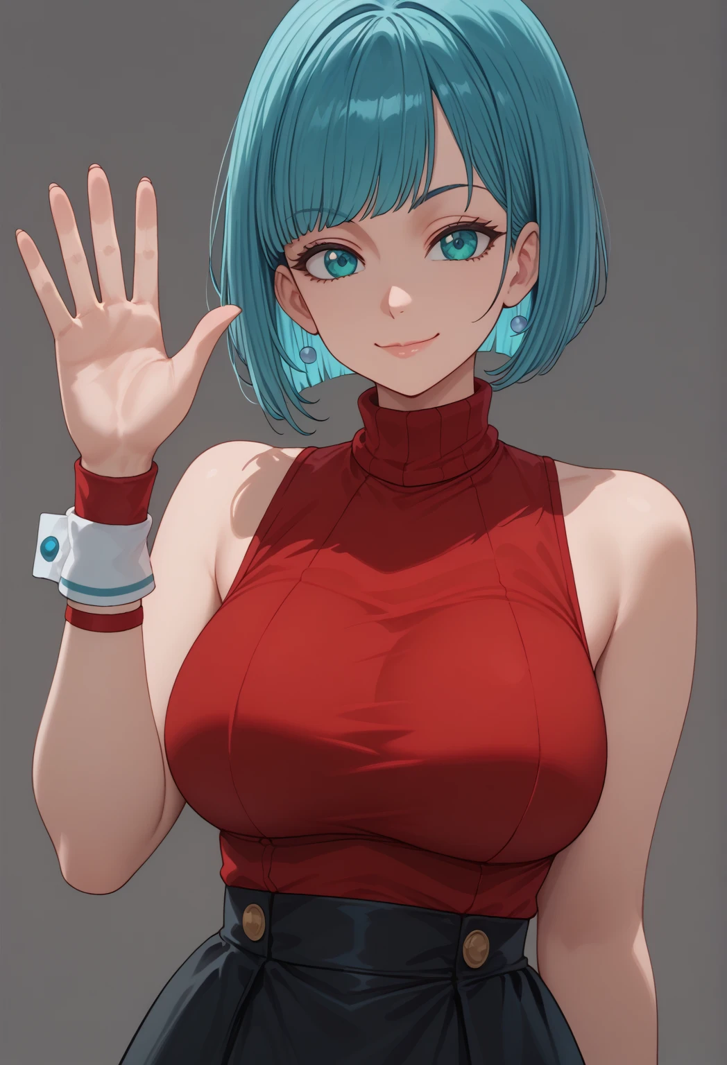 score_9, score_8_up, score_7_up,  1girl, red dress, bob cut, breasts, black skirt, closed mouth, large breasts, plain dark grey background, simple dark grey background, sleeveless, looking at viewer, short straight hair, grey background, aquamarine eyes, light blue short hair, red sleeveless turtleneck dress, turtleneck dress, sleeveless dress, smug smile, solo, wrist bands, swept straight bangs, turtleneck, turtleneck sleeveless red dress, tight red dress, upper body, waving, large breasts.