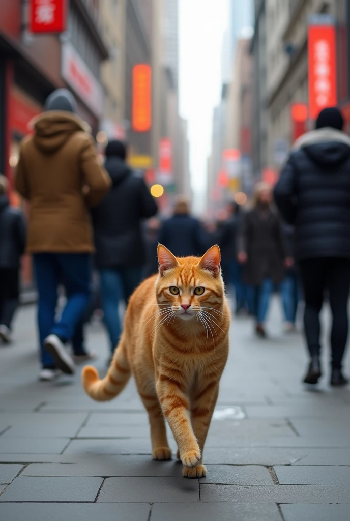 "A weak and fragile orange tabby cat walks onto a bustling city street, limping slightly. People notice her, pointing and whispering. Some smirk, while a laughs at her. The crowd appears indifferent, walking past her with mocking expressions. The urban backdrop includes shops, pedestrians, and a lively, noisy environment."