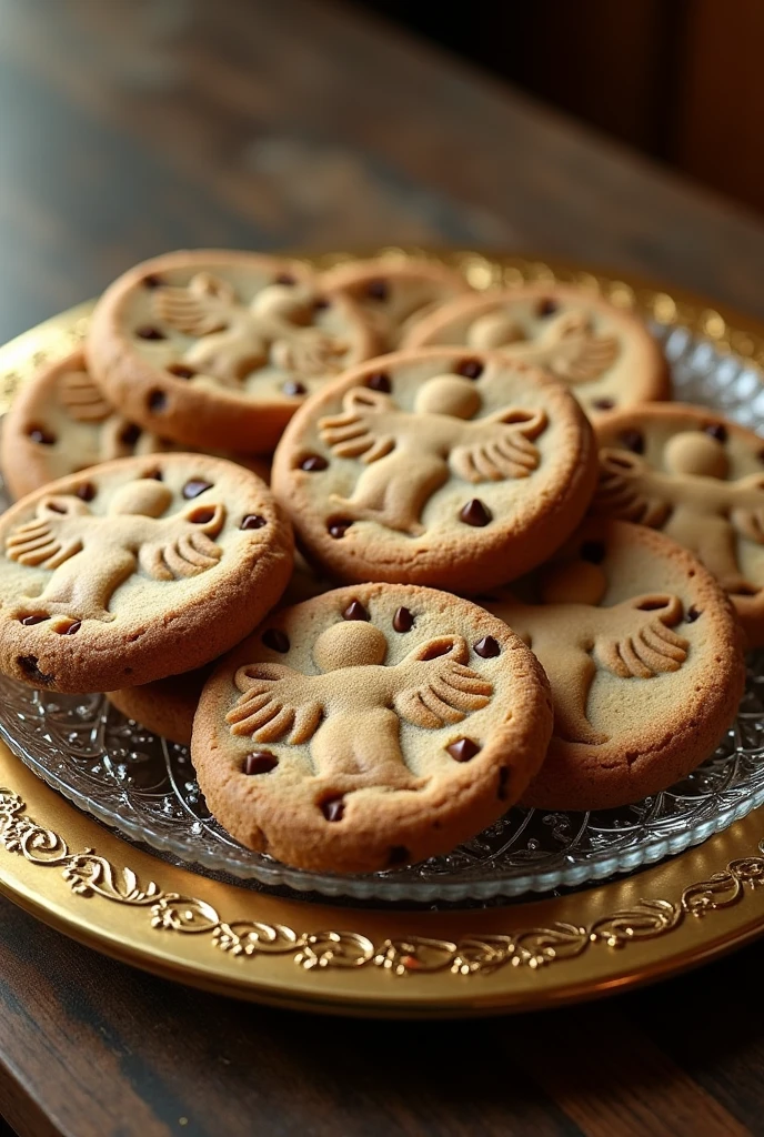 Giant chocolate chips cookie coins, with angel imprint on coins, resting on fancy glass and golden plate