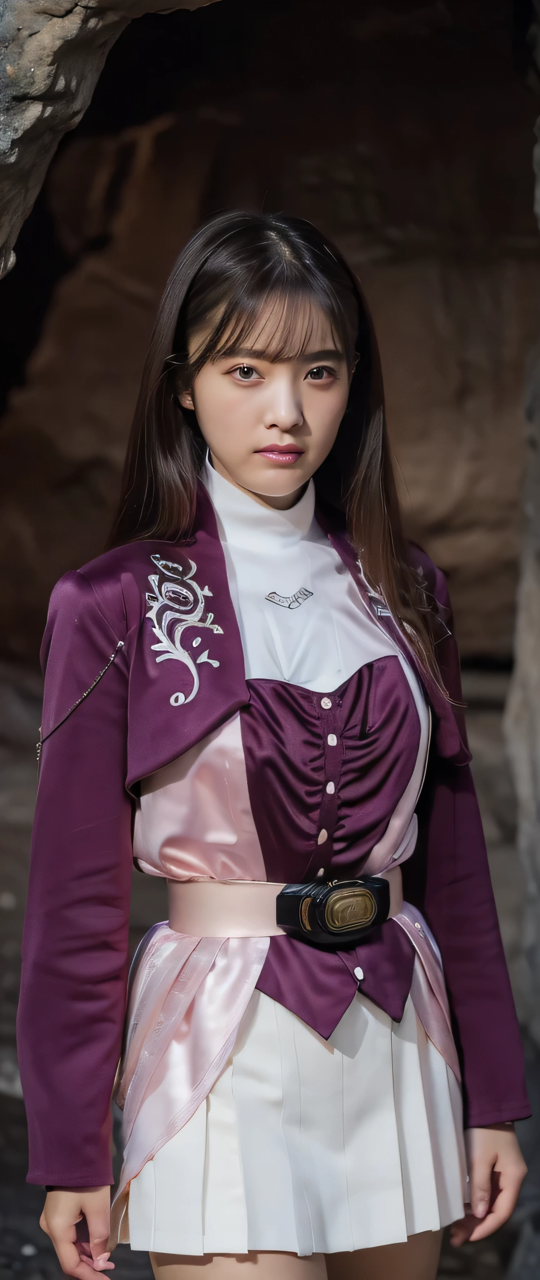 ( High-definition CG), ( best quality ),(( where the body is slashed。)),((In a dark cave)),((Look to the right)),(1girl)), perfect face, shiny skin , wide hips , thin waist,May, purple bolero jacket,White Skirt, Long Sleeve , Pink belt, straight hair,Character portrait, No Emotion,