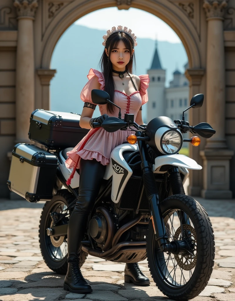ultra-realistic, photorealistic, dramatic scene, shadow, global-illumination, (ultra-high resolution, 8k), solo, (teenage Japanese famous idol girl:1.5), very beautiful fragile Japanese girl, very beautiful with very cute but boyish cool face, detailed face skin texture, detailed face with mole, face focus, (traditional gothic maid:1.2), (wearing a cute colored traditional maid outfits with frills:1.2), (leather pants for professional motorcycle riders), (rider's long boots), (very large ), slim waist, She is at a large off-road-adventure motorcycle with fully equipped with large aluminum luggage case, in front of the entrance of the European castle, beautiful lake, antique decorated entrance, face focus, dynamic angle