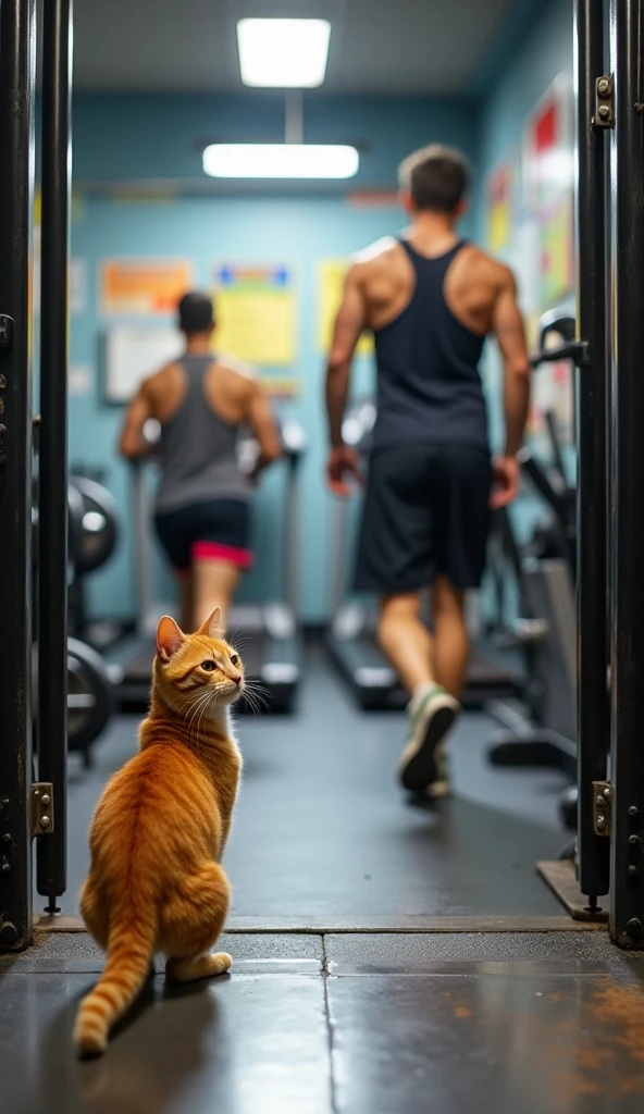 A high-quality photo of a standing cat and dog depicted as humans, with the cat being female and the dog being male. The cat is wearing tight yoga pants and a fitted tank top, while the dog is dressed in athletic shorts and a sleeveless gym shirt. They are both in a modern gym setting, surrounded by various workout equipment, with the cat holding a yoga mat and the dog lifting a dumbbell. The gym is well-lit with bright, natural light streaming in through large windows.
