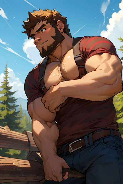 Uncle brunette standing next to the dilapidated house，40-year-old man，Asian men，Robust body，Large muscles，Huge pectoral muscles，Oily skin reflexes，sweat leggs，dark-brown skin，Shirtless，（Swarthy thighs），Spread your legs，Confident expression，Keep your eyes open，Rough face，Beard，white mustache，white body fur，Red Lingeri，Dark cloth shoes，（（Crotch bulge）），Cross your hands at the waist，Shirtless，独奏，malefocus，A man，fully body photo，（Rundown house background），Grass grows everywhere，There are mountain peaks in the distance，best qualtiy，best qualtiy，tmasterpiece，超A high resolution，（realisticlying：1.4），详细的脸，detailed skin textures，Detailed eyelid details，独奏，malefocus，the Extremely Detailed CG Unity 8K Wallpapers，