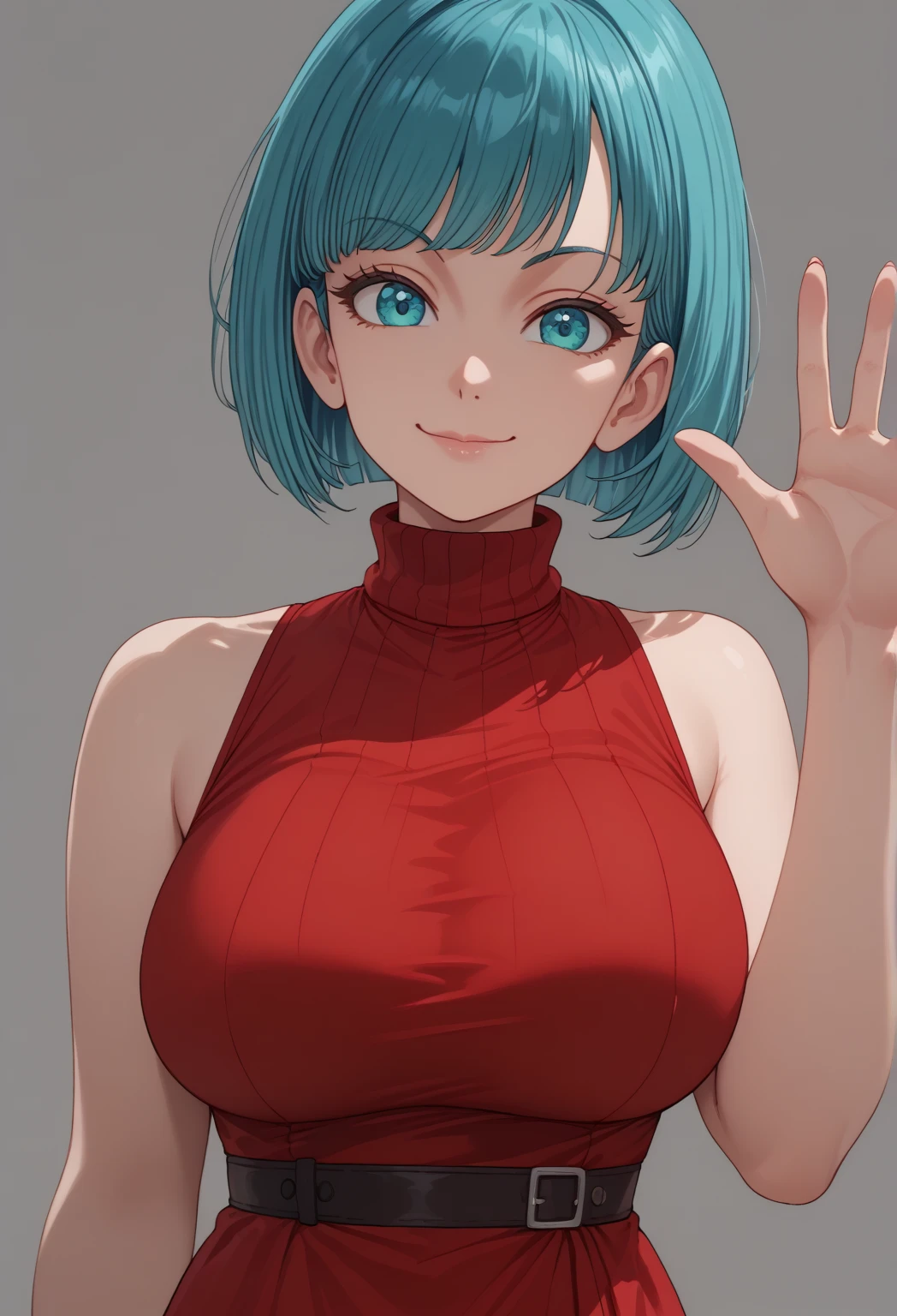 score_9, score_8_up, score_7_up,  1girl, red dress, short bob cut, breasts, closed mouth, large breasts, plain dark grey background, simple dark grey background, sleeveless, looking at viewer, short straight hair, grey background, aquamarine eyes, light blue short hair, red sleeveless turtleneck dress, turtleneck dress, sleeveless dress, smug smile, solo, swept straight bangs, turtleneck, turtleneck sleeveless red dress, tight red dress, upper body, waving, large breasts.