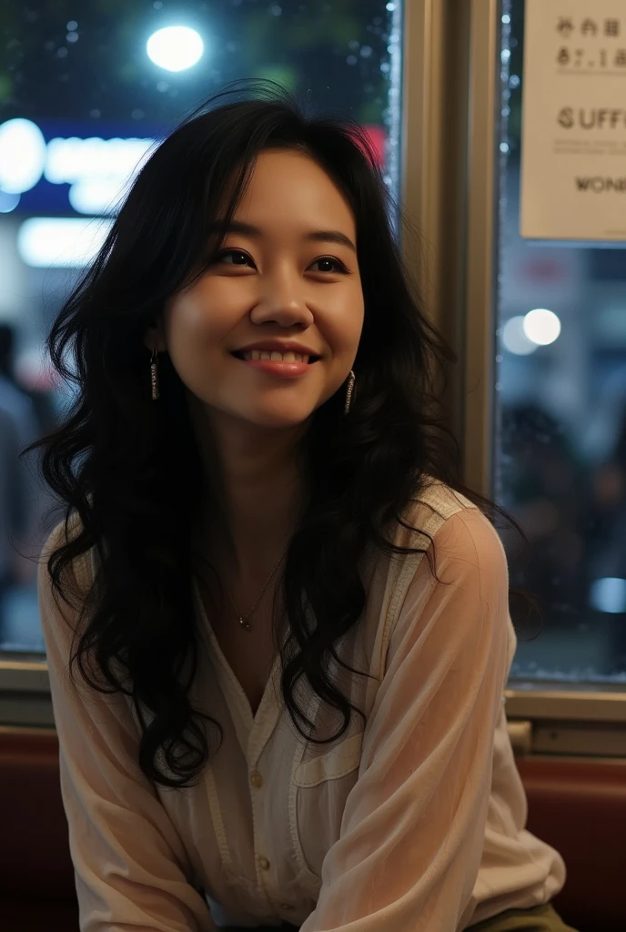 Cinematic photography, Wong Kar-Wai, indoor, night view, a young Asian beauty wearing vintage blouse and vintage khaki pants, she has long hair, she is looking down and smiling timidly, sitting in bus stop, bokeh, detailed face, detailed eyes, detailed lips, detailed nose, best quality, 4k, 8k, high resolution, masterpiece:1.2, ultra-detailed, render,