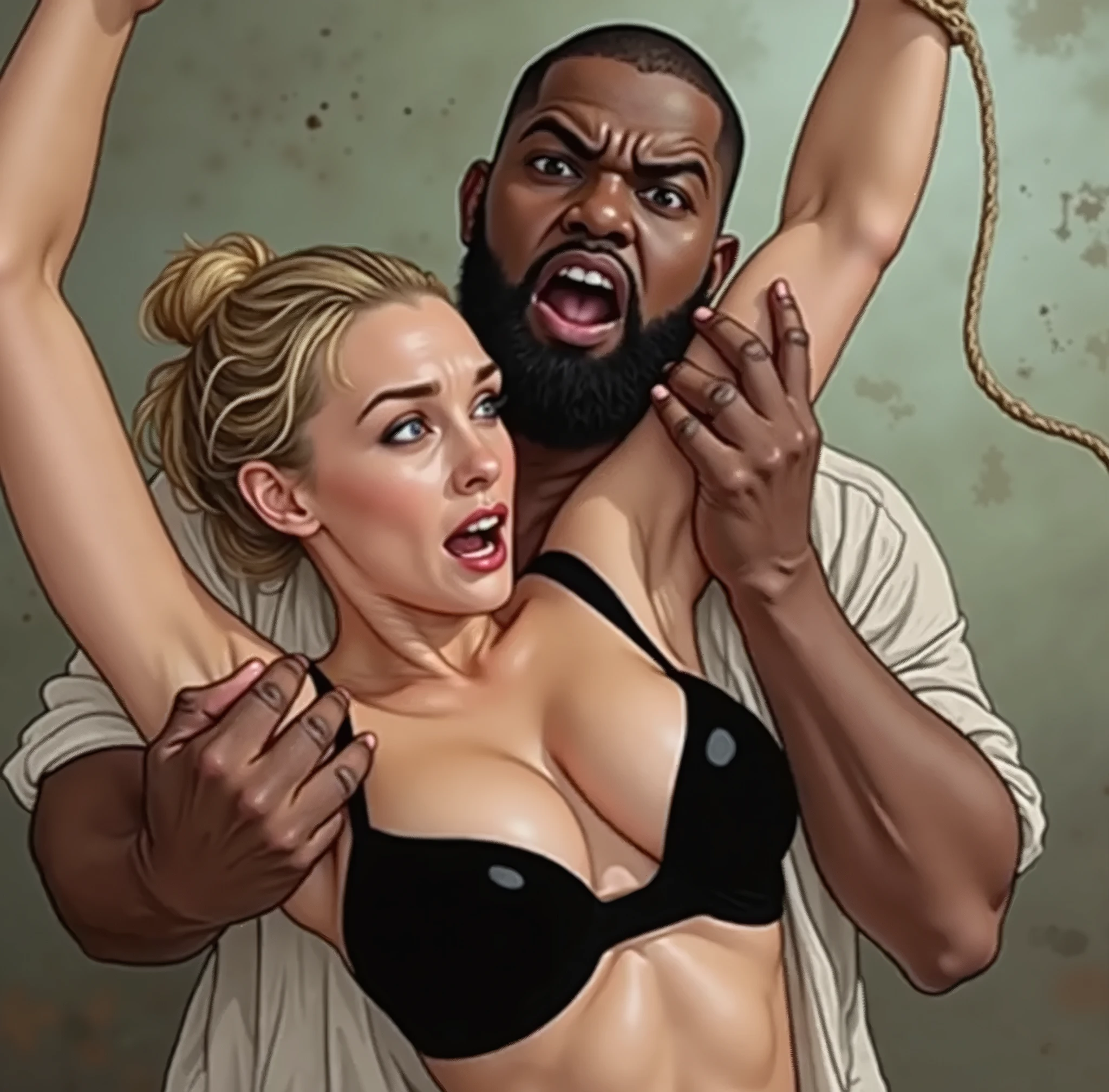 Standing ((Jennifer Lawrence)), dark forest, brown long hair, big breasts, thick thighs, white stockings, skinny chubby, (((she is brutally hit in the cheek by men:1.2))), (((hit in cheek:1.2))), (((assault view:1.2))), (((naked pussy))), (((woman hit))), (((cheek deformed by the violent impact:1.2))), (((sweaty skin))), (((beaten by violent skulled men:1.2))), (((fast hit movement effect against her cheek:1.2))), (((surrounded:1.2))), (((beaten:1.2))), (((naked medium saggy breasts:1.2))), (((large hips))), (((hands tied above her head:1.2))), (((tense rope above her head))), (((violent flagellated woman action View:1.2))), (((strangled:1.2))), (((deadly hanged by neck:1.2))), (((ultra large chubby muscular hips:1.2)))