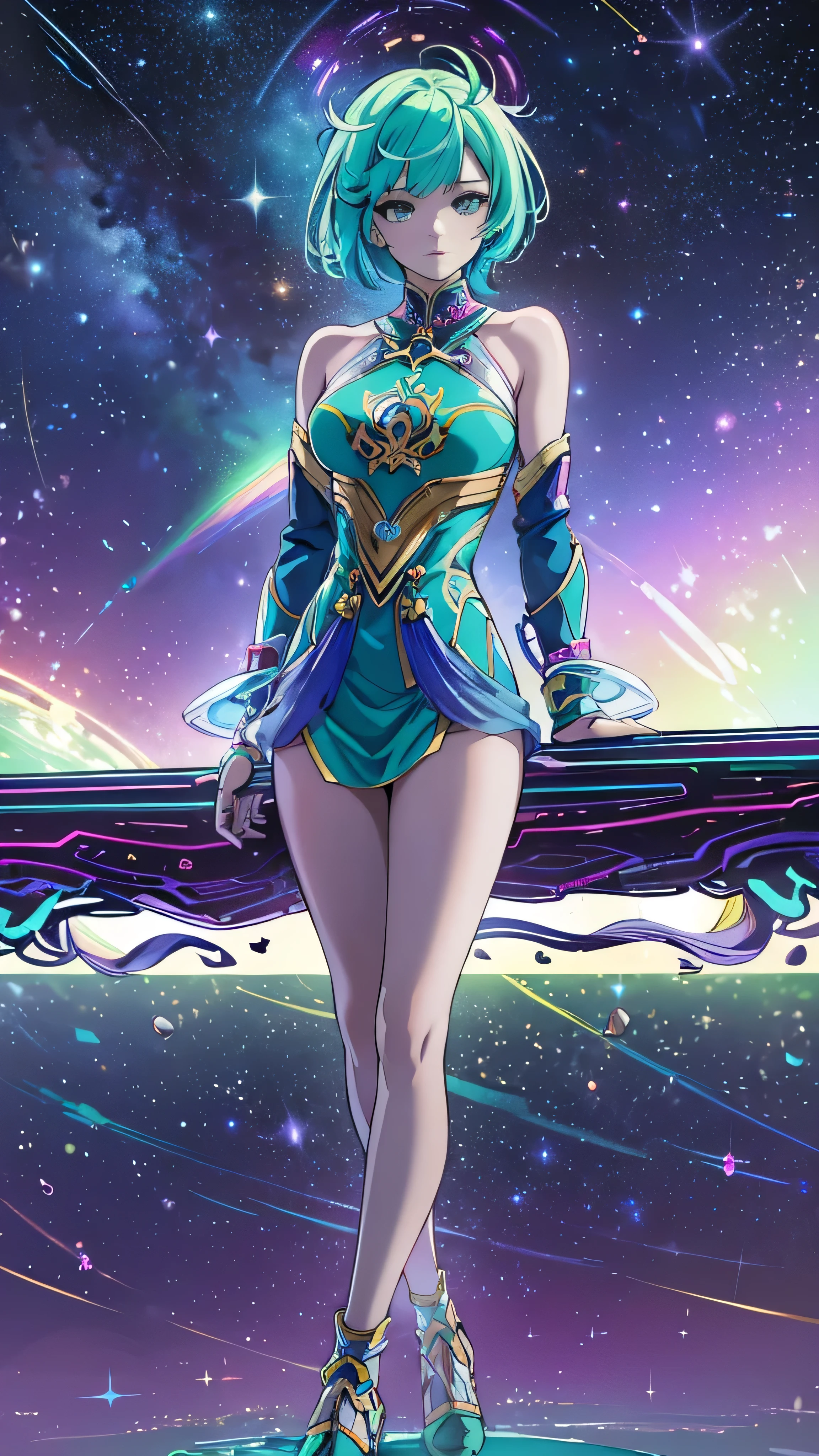 With high definition images， woman with rainbow-colored hair and detailed teal dress armor,  standing, Rainbow colored space nebula background, Colorful Stars, Milky Way,  intricate detail dealing with 3 tentacles,  perfect face、 full body high quality images 