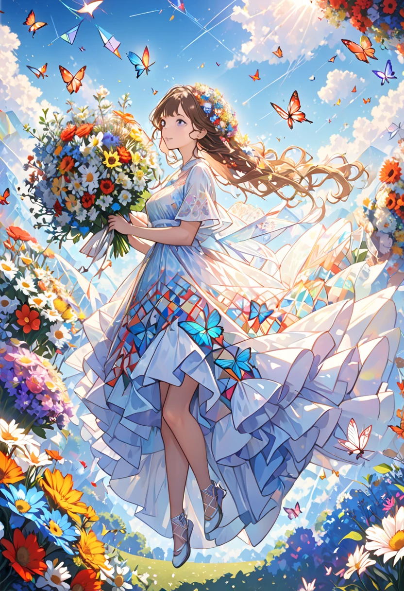 (ultra- detailed background,  detailed background),   disorganized , There are lots of seven-colored butterflies flying around、 high definition ,  super detailed,  Very detailed,  1 girl, (bouquet:1.3), ([    "Intertwined:1.2), (Geometric:1.2),( colorful ),Beautiful nudes floating in the sky、whole body、