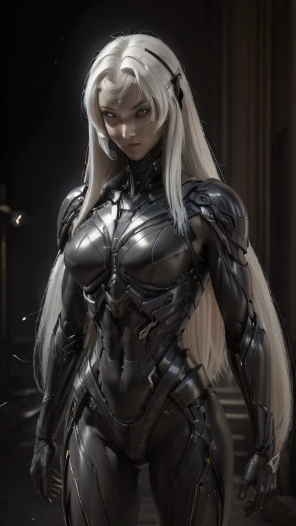 (((masterpiece, best quality, 16k))) solo female, full-body, long darkblue hair, purple eyes, emotionless expression, perfect face, bodysuit armor, white glowing parts, sci-fi style, vibrant colors, futuristic lighting, detailed hair strands, metallic texture, sleek design, dynamic pose
