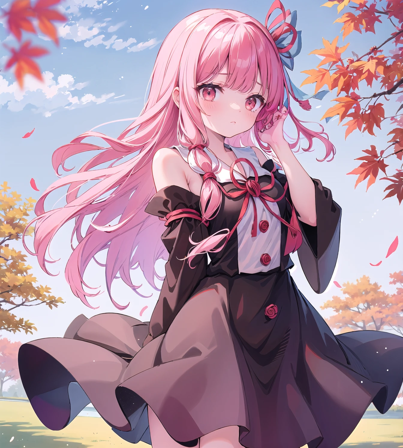 (masterpiece, Highest quality:1.2),one person, Kotonoha Akane,((hair ribbon:1.2)),the wind is blowing,autumn leaves:1.3,sad countenance,(((hair tucking:1.2))),Hair ribbon paper,Black Dress,Wide sleeves, Exposing shoulders,Pink Hair