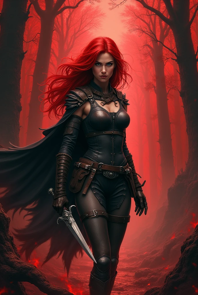 The image is a digital illustration of a woman with long red hair and a crown on her head. She is standing in a dark and eerie forest with a castle in the background. The woman is wearing a black and white outfit with a corset and a cape draped over her shoulders. She has a sword in her right hand and a skull in her left hand. Her left hand is raised in the air, as if she is ready for battle. The background is filled with blood and blood splatters, and there are several skulls scattered around her. The overall mood of the image is dark and foreboding.