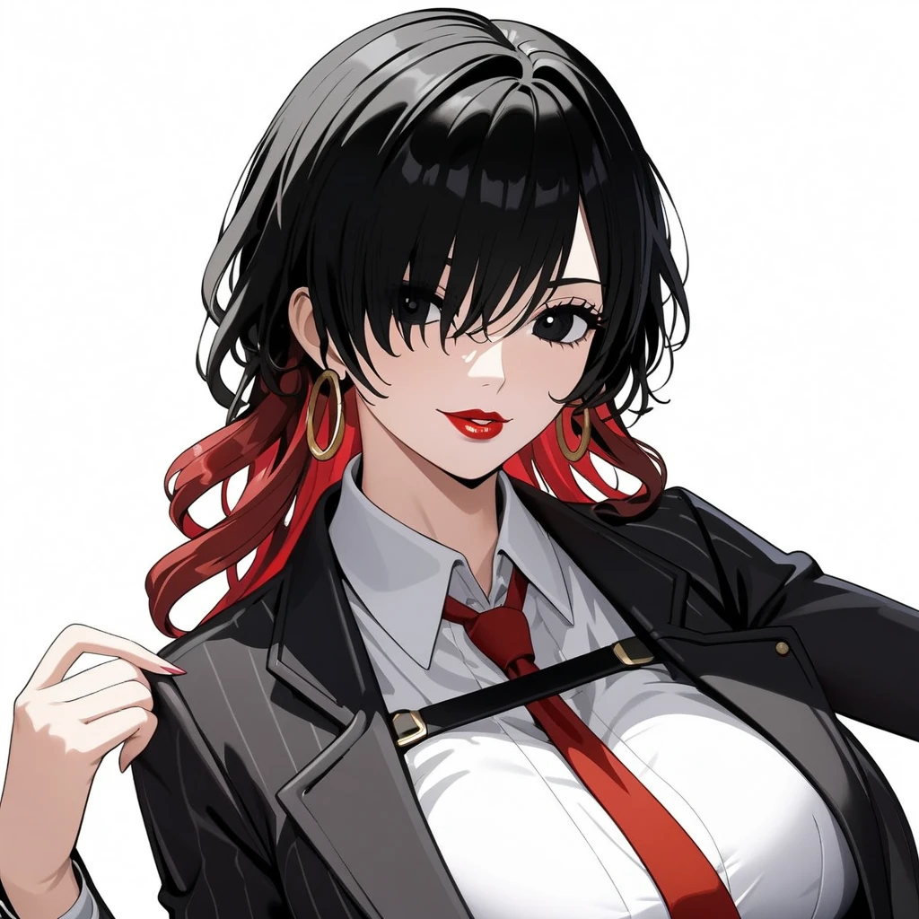 ((masterpiece)), ((high quality)),((ultra-detailed)), ((extremely detailed)),4K,8K, (character portrait), (((one piece))), (((pants suit))), office lady, black slim fit pants, (black skin tight office suits), pinstripe pants suit, white collared shirt, red necktie, 2, a beautiful woman, very tall woman with great style, female mafia-boss, perfect big breasts, perfect big breasts, plump ass, slender body, (((1girl))), (((solo))), long curly hair, black hair, black pupils, hair over one eye, perfect hands, perfect face, perfect eyes, perfect body, perfect legs, red lips, smile, red shiny pumps, (white plain background), hair over one eye, black hair, necktie, onepiecestyle,black eyes, black hair, hoop earrings, long hair, parted lips, hand on chin