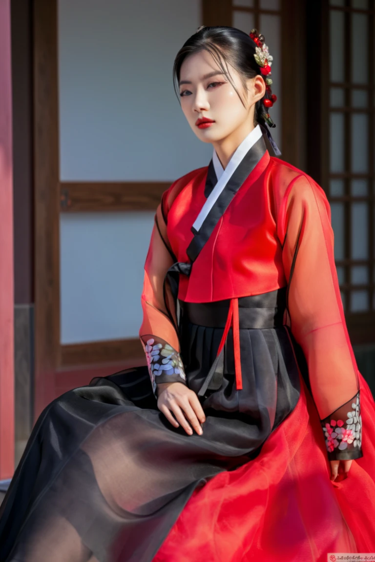 A Korean man in women's hanbok, hi is crossdresser, His face and hairstyle are very masculine, silk, sexy hanbok for sexy women, breasts like a woman, red and black, slender female body, see-through jacket, satin, floral pattern, little side view, sit quietly