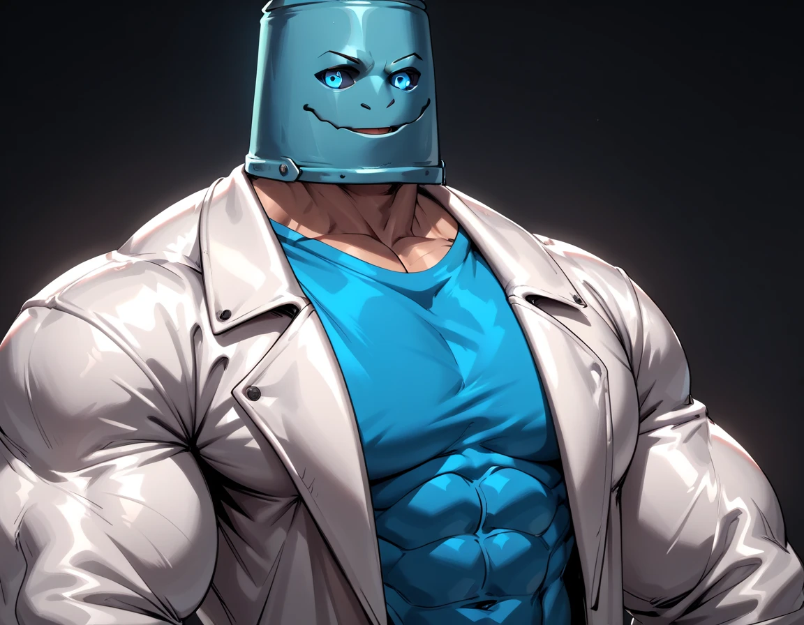  anatomically correct,  High Quality,( huge muscles, huge erect penis),zPDXL2,rating_safe,blue eyes,1boy,Alone,male focus,shirt,looking at viewer,object on head,smile,mismatched sclera,colored sclera,(black sclera:0.5),bucket on head,(hand on headwear:0.8),oversized clothes,open mouth,bucket,upper body,lab coat,(:0.5),