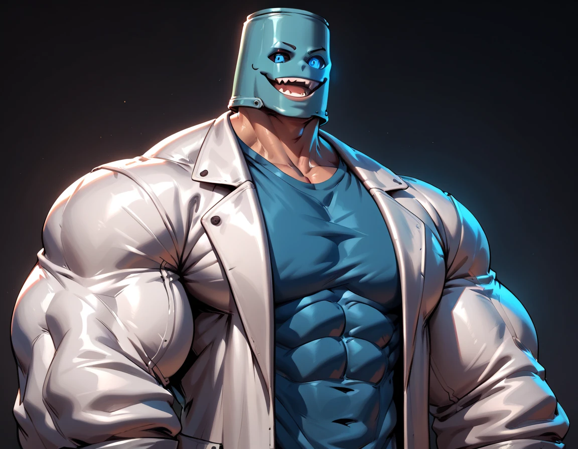  anatomically correct,  High Quality,( huge muscles, huge erect penis),zPDXL2,rating_safe,blue eyes,1boy,Alone,male focus,shirt,looking at viewer,object on head,smile,mismatched sclera,colored sclera,(black sclera:0.5),bucket on head,(hand on headwear:0.8),oversized clothes,open mouth,bucket,upper body,lab coat,(:0.5),