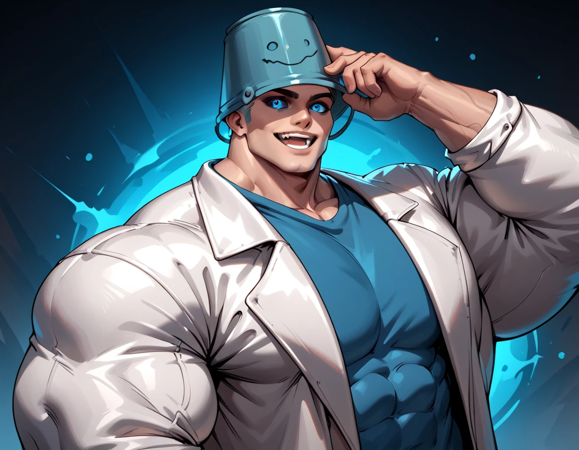  anatomically correct,  High Quality,( huge muscles, huge erect penis),zPDXL2,rating_safe,blue eyes,1boy,Alone,male focus,shirt,looking at viewer,object on head,smile,mismatched sclera,colored sclera,(black sclera:0.5),bucket on head,(hand on headwear:0.8),oversized clothes,open mouth,bucket,upper body,lab coat,(:0.5),