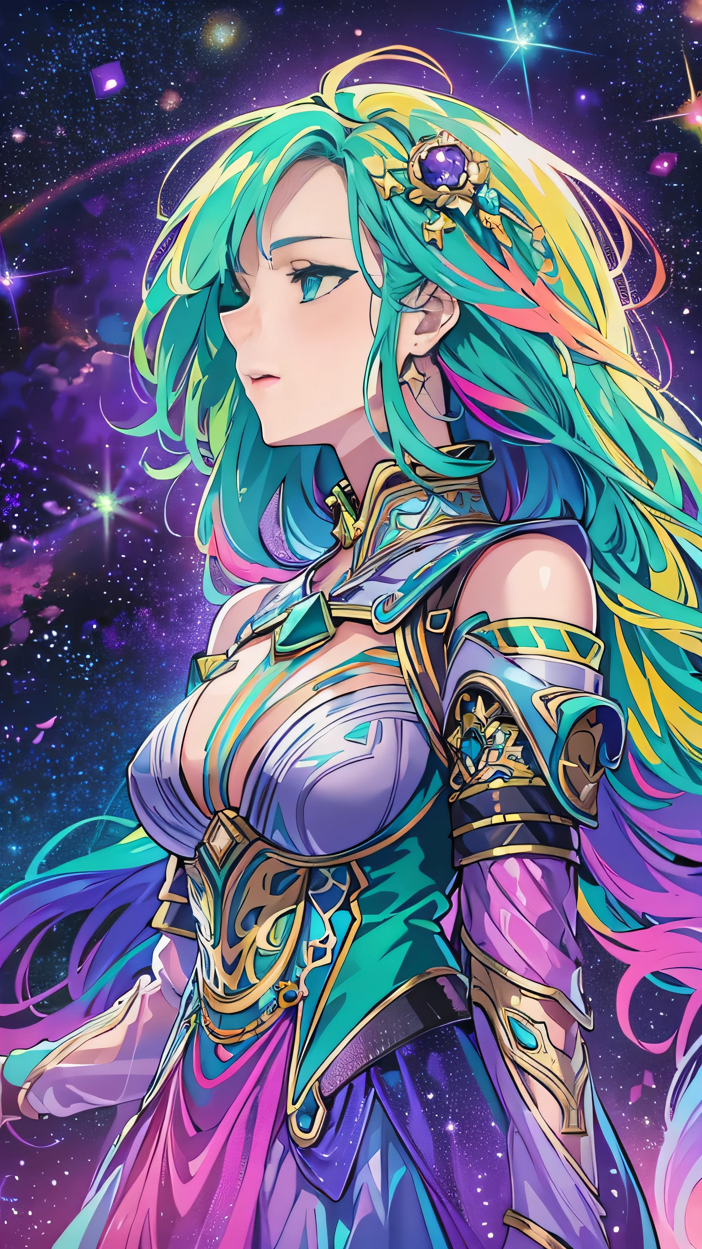 With high definition images， woman with rainbow-colored hair and detailed teal dress armor,  standing, Rainbow colored space nebula background, Colorful Stars, Milky Way,  intricate detail dealing with 3 tentacles,  perfect face、 full body high quality images 