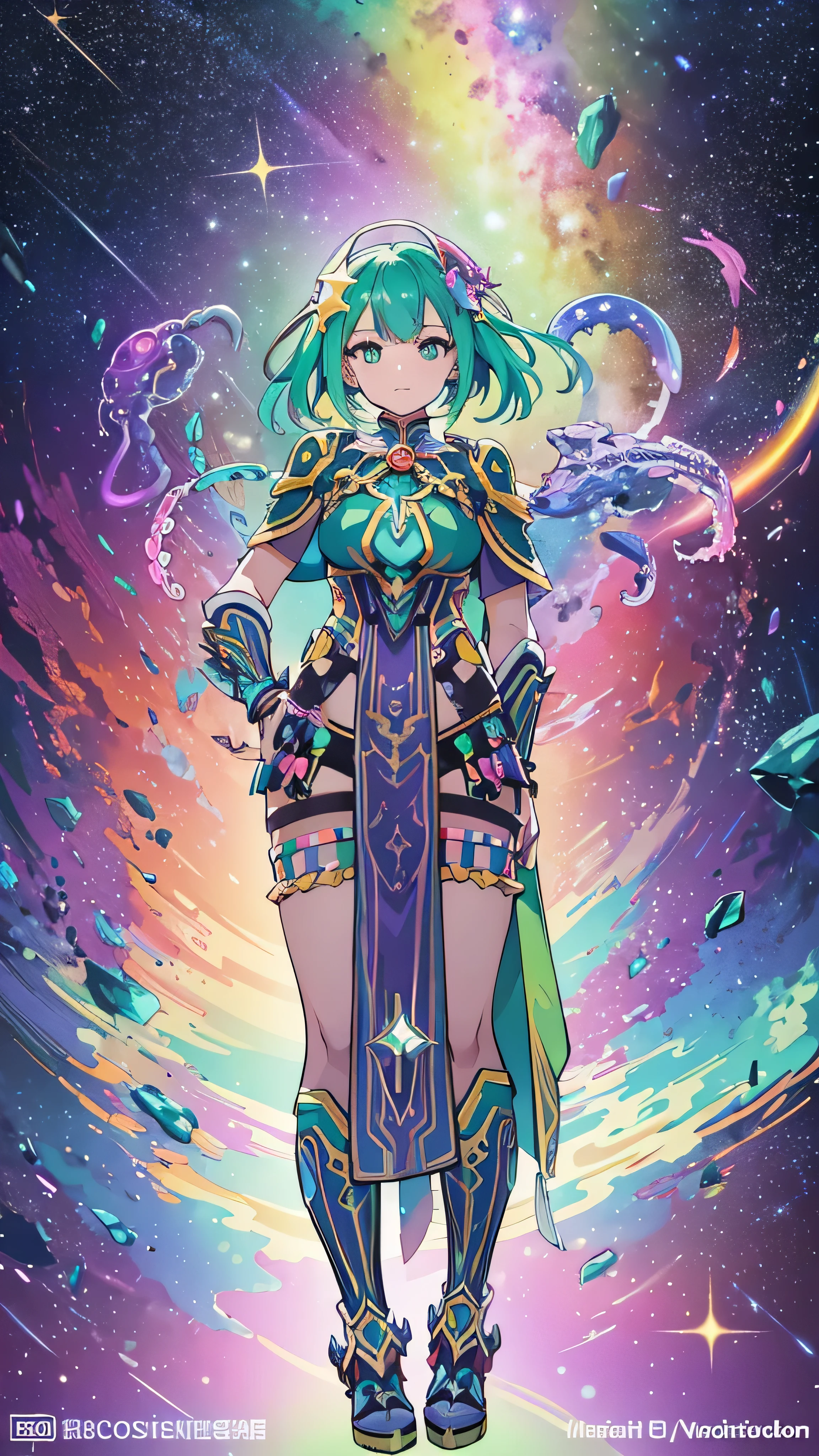 With high definition images， woman with rainbow-colored hair and detailed teal dress armor,  standing, Rainbow colored space nebula background, Colorful Stars, Milky Way,  intricate detail dealing with 3 tentacles,  perfect face、 full body high quality images 