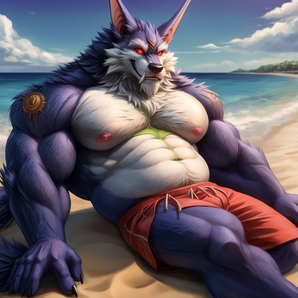 LOL,warwick,werewolf,male,adult,alone,4K,best quality,Best quality, lying down,whole body,looking at the audience,Show muscles,hairy body,Topless,No clothes on,bared  chest, Hairy chest,furry tail (fat, thicc body:1.0), Pink nipples, No abs, biceps, Curved biceps, anatomically correct,Delicate fur,pride,soft shadow,majestic (Detailed face, High quality eyes:1.1),red eyes,Sharp eyes,Grandiose,Valiantary,,swimming trunks,Smile confidently,Strong,mature,Beach background,Blue sky and white clouds, obese, nice belly overhang